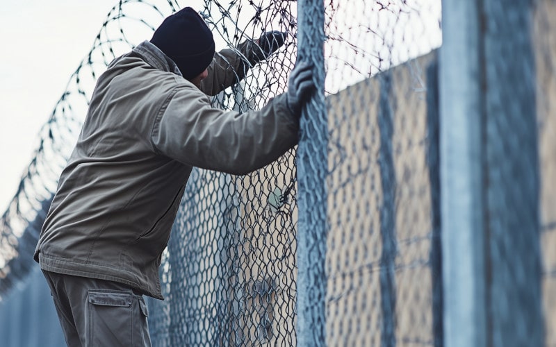 man in balaclava trying to scale a fence with razor wire