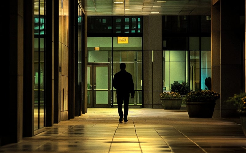 man walking towards building at night