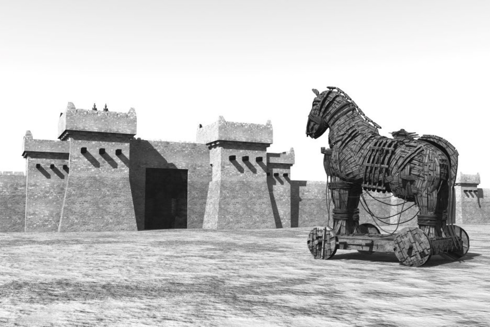 trojan horse outside a walled compound